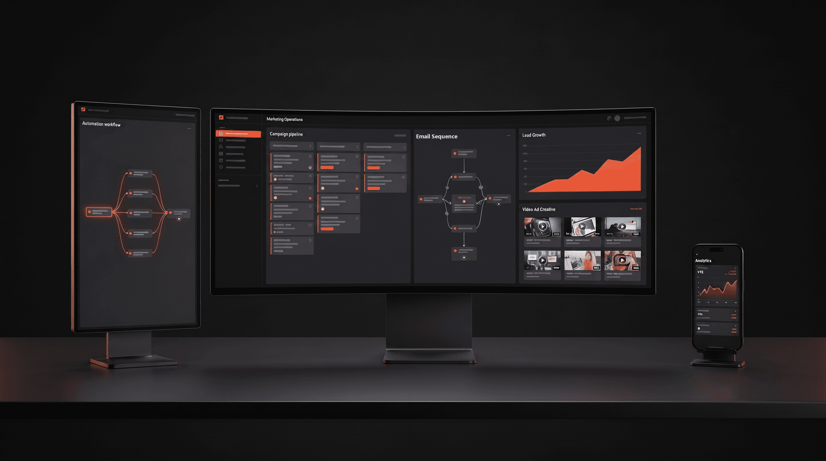 Stoneclad operations system on screen — campaign pipeline, email sequences, ad creative, and automation workflows in one dark dashboard